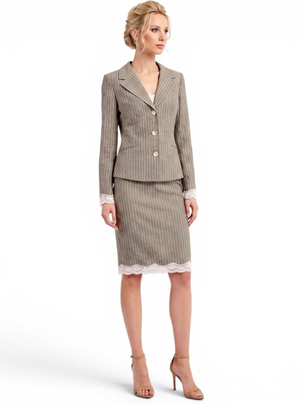 Nicole Miller Brown Pink Pinstripe Lace Trim Skirt Jacket Suit New NWT 6 / 2